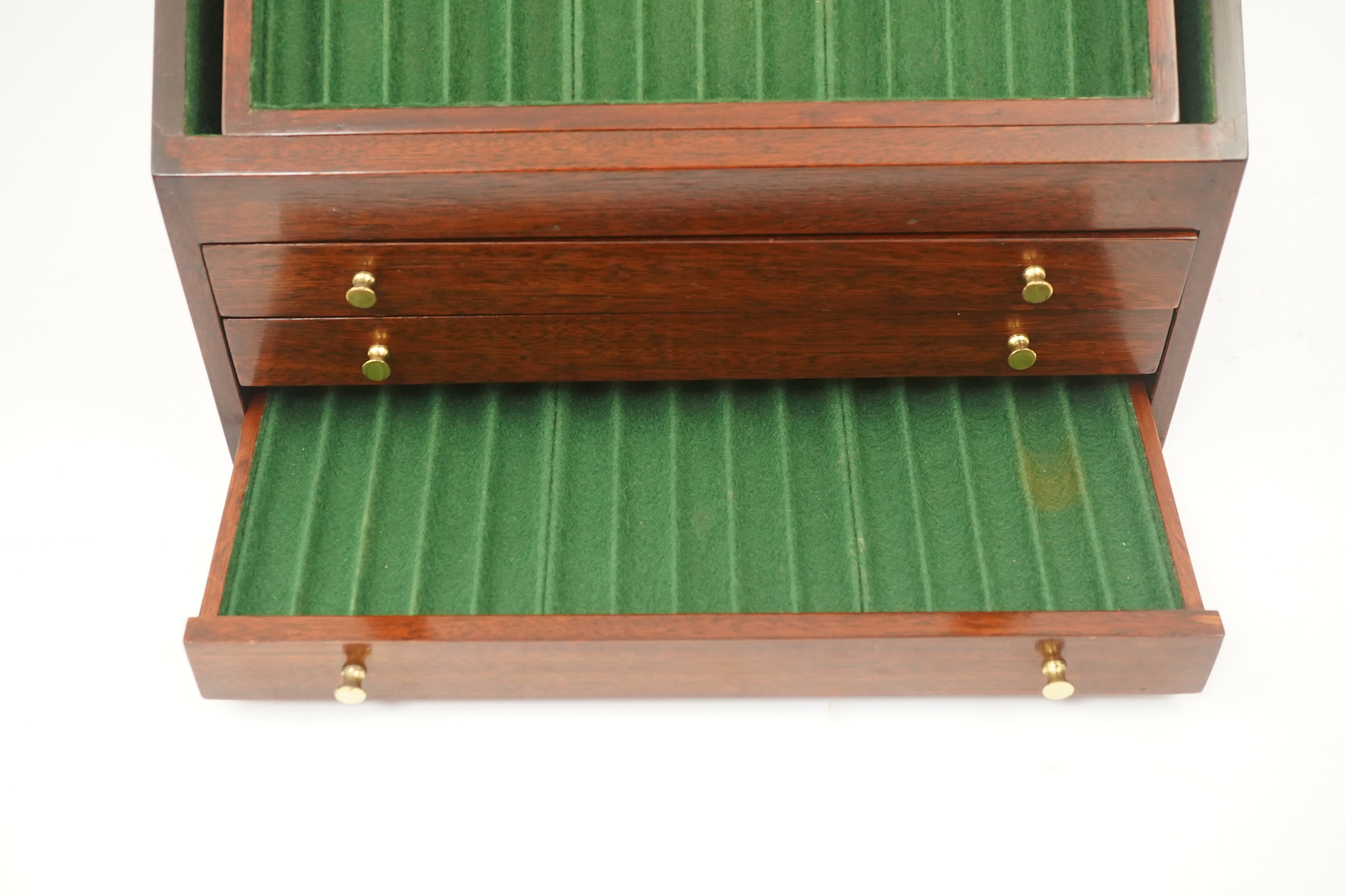 A quality desk top fountain pen display / collector's cabinet for fifty nine pens, with hinged glazed top